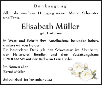 Traueranzeige von Elisabeth Müller (geb. Hartmann)  von Magdeburger Volksstimme