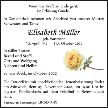 Traueranzeige von Elisabeth Müller (geb. Hartmann)  von Magdeburger Volksstimme