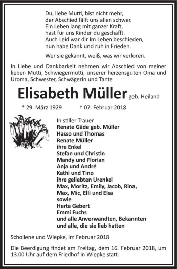 Traueranzeige von Elisabeth Müller (geb. Heiland)  von Magdeburger Volksstimme