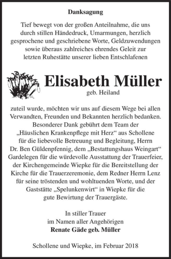 Traueranzeige von Elisabeth Müller (geb. Heiland)  von Magdeburger Volksstimme