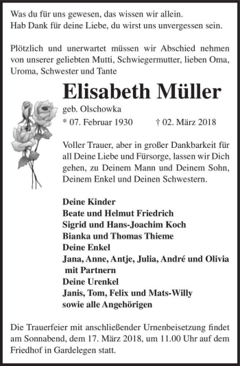 Traueranzeige von Elisabeth Müller (geb. Olschowka)  von Magdeburger Volksstimme