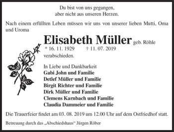 Traueranzeige von Elisabeth Müller (geb. Röhle)  von Magdeburger Volksstimme
