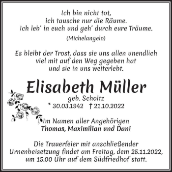 Traueranzeige von Elisabeth Müller (geb. Scholtz)  von Magdeburger Volksstimme