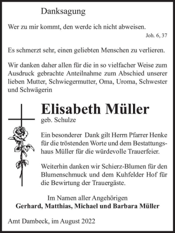 Traueranzeige von Elisabeth Müller (geb. Schulze)  von Magdeburger Volksstimme