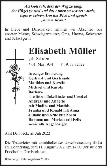 Traueranzeige von Elisabeth Müller (geb. Schulze)  von Magdeburger Volksstimme