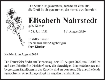 Traueranzeige von Elisabeth Nahrstedt (geb. Körner)  von Magdeburger Volksstimme