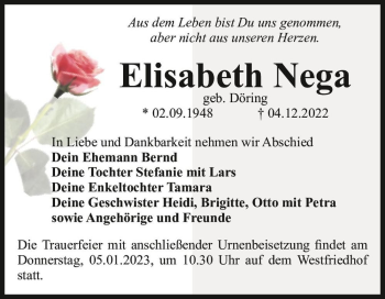 Traueranzeige von Elisabeth Nega (geb. Döring)  von Magdeburger Volksstimme