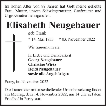 Traueranzeige von Elisabeth Neugebauer (geb. Frank)  von Magdeburger Volksstimme