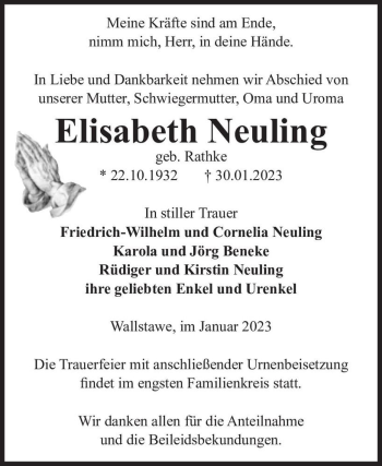 Traueranzeige von Elisabeth Neuling (geb. Rathke)  von Magdeburger Volksstimme