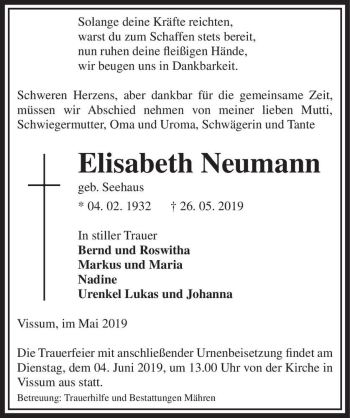 Traueranzeige von Elisabeth Neumann (geb. Seehaus)  von Magdeburger Volksstimme