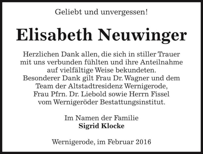  Traueranzeige für Elisabeth Neuwinger  vom 18.02.2016 aus Magdeburger Volksstimme