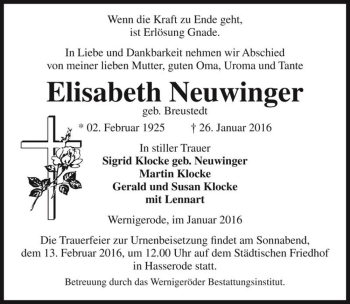 Traueranzeige von Elisabeth Neuwinger (geb. Breustedt)  von Magdeburger Volksstimme