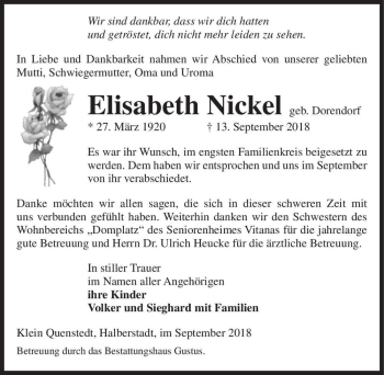 Traueranzeige von Elisabeth Nickel (geb. Dorendorf)  von Magdeburger Volksstimme