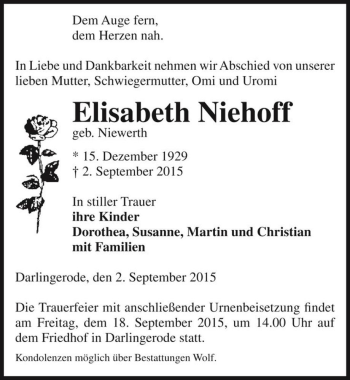 Traueranzeige von Elisabeth Niehoff (geb. Niewerth)  von Magdeburger Volksstimme