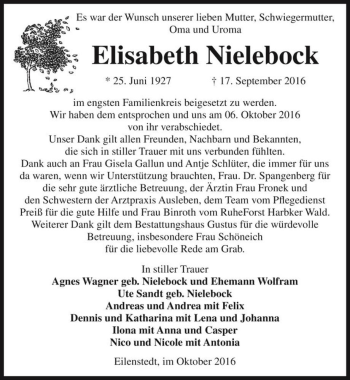 Traueranzeige von Elisabeth Nielebock  von Magdeburger Volksstimme