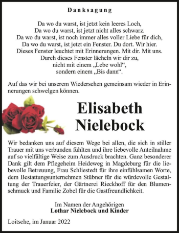 Traueranzeige von Elisabeth Nielebock  von Magdeburger Volksstimme