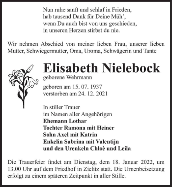 Traueranzeige von Elisabeth Nielebock (geb. Wehrmann)  von Magdeburger Volksstimme