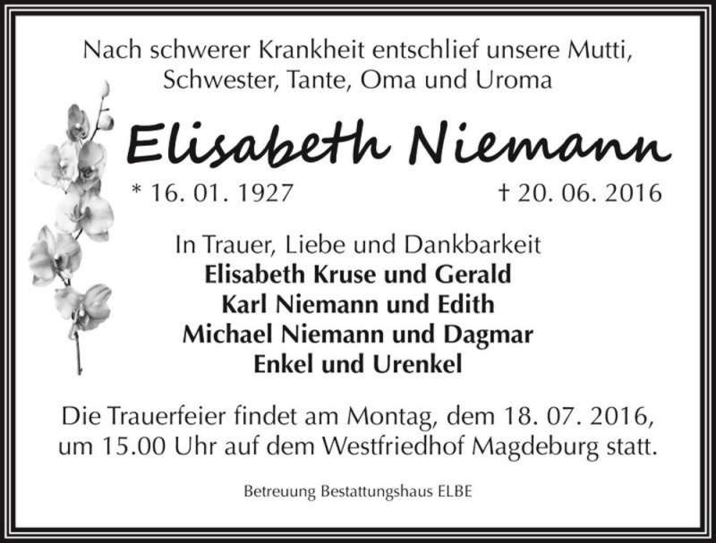  Traueranzeige für Elisabeth Niemann  vom 09.07.2016 aus Magdeburger Volksstimme