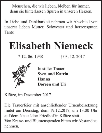 Traueranzeige von Elisabeth Niemeck  von Magdeburger Volksstimme