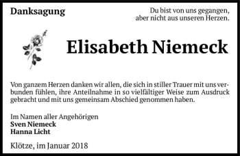 Traueranzeige von Elisabeth Niemeck  von Magdeburger Volksstimme