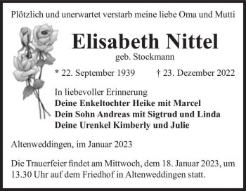 Traueranzeige von Elisabeth Nittel (geb. Stockmann)  von Magdeburger Volksstimme