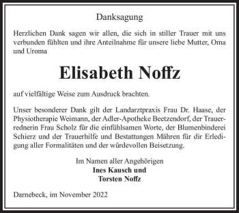 Traueranzeige von Elisabeth Noffz  von Magdeburger Volksstimme