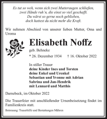 Traueranzeige von Elisabeth Noffz (geb. Behneke)  von Magdeburger Volksstimme
