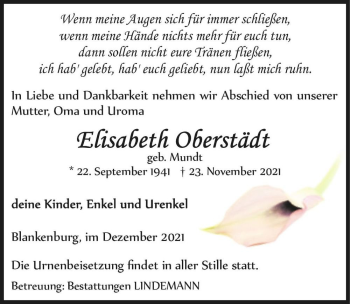 Traueranzeige von Elisabeth Oberstädt (geb. Mundt)  von Magdeburger Volksstimme