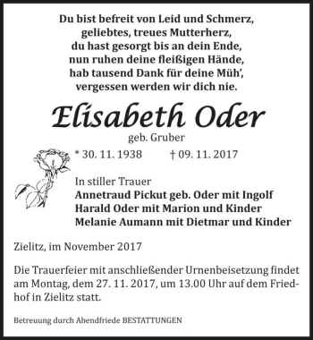 Traueranzeige von Elisabeth Oder (geb. Gruber)  von Magdeburger Volksstimme