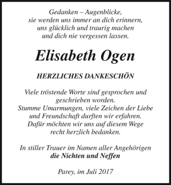 Traueranzeige von Elisabeth Ogen  von Magdeburger Volksstimme