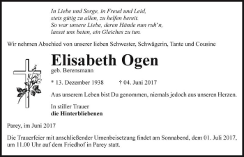 Traueranzeige von Elisabeth Ogen (geb. Berensmann)  von Magdeburger Volksstimme