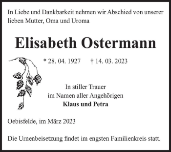 Traueranzeige von Elisabeth Ostermann  von Magdeburger Volksstimme