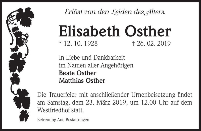  Traueranzeige für Elisabeth Osther  vom 02.03.2019 aus Magdeburger Volksstimme