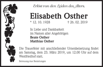 Traueranzeige von Elisabeth Osther  von Magdeburger Volksstimme