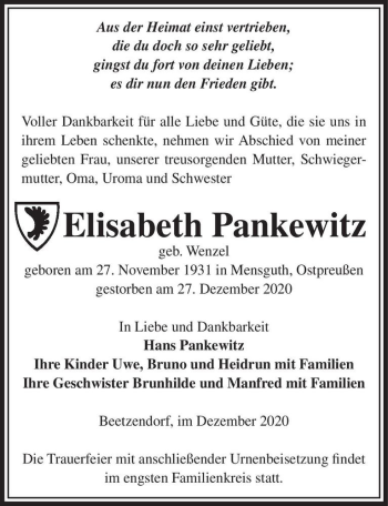 Traueranzeige von Elisabeth Pankewitz (geb. Wenzel)  von Magdeburger Volksstimme