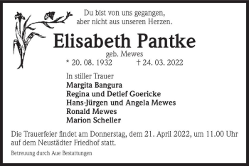 Traueranzeige von Elisabeth Pantke (geb. Mewes)  von Magdeburger Volksstimme