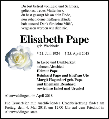 Traueranzeige von Elisabeth Pape (geb. Wachholz)  von Magdeburger Volksstimme