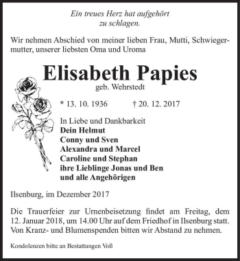 Traueranzeige von Elisabeth Papies (geb. Wehrstedt)  von Magdeburger Volksstimme