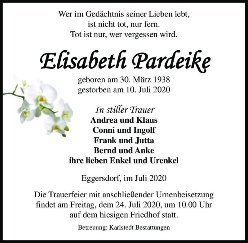  Traueranzeige für Elisabeth Pardeike  vom 18.07.2020 aus Magdeburger Volksstimme
