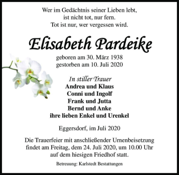 Traueranzeige von Elisabeth Pardeike  von Magdeburger Volksstimme