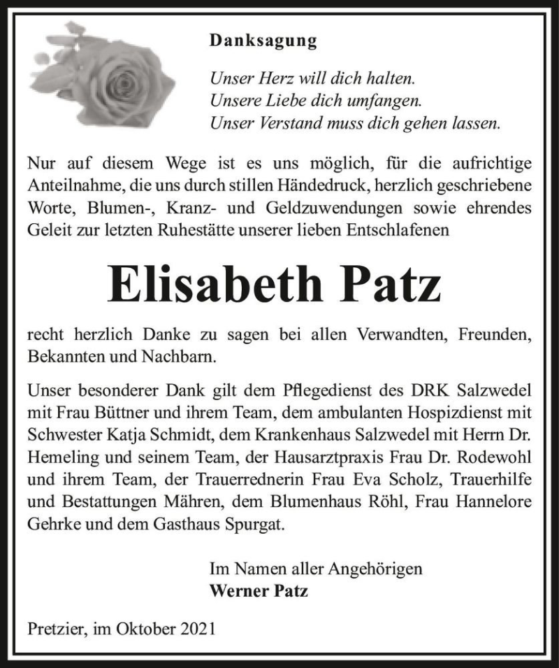  Traueranzeige für Elisabeth Patz  vom 30.10.2021 aus Magdeburger Volksstimme