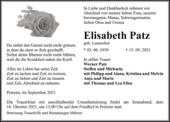 Traueranzeige von Elisabeth Patz (geb. Lausecker)  von Magdeburger Volksstimme