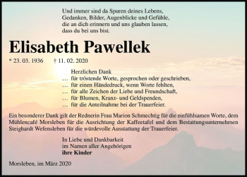 Traueranzeige von Elisabeth Pawellek  von Magdeburger Volksstimme