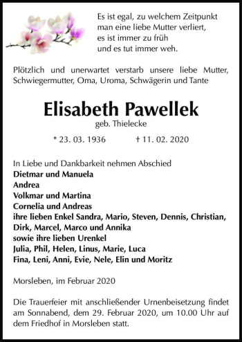 Traueranzeige von Elisabeth Pawellek (geb. Thielecke)  von Magdeburger Volksstimme