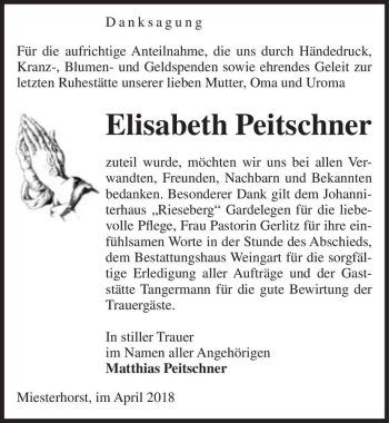 Traueranzeige von Elisabeth Peitschner  von Magdeburger Volksstimme