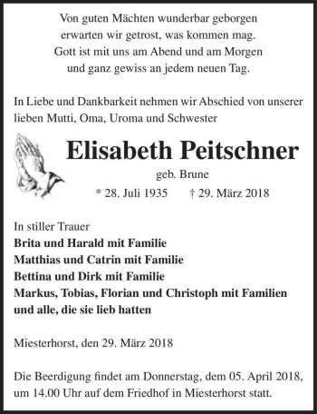 Traueranzeige von Elisabeth Peitschner (geb. Brune)  von Magdeburger Volksstimme