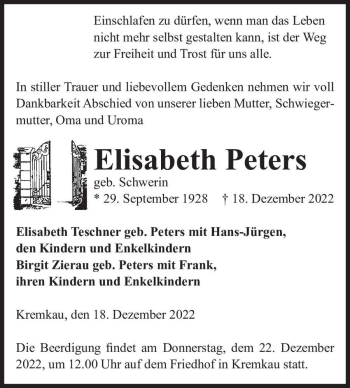 Traueranzeige von Elisabeth Peters (geb. Schwerin)  von Magdeburger Volksstimme