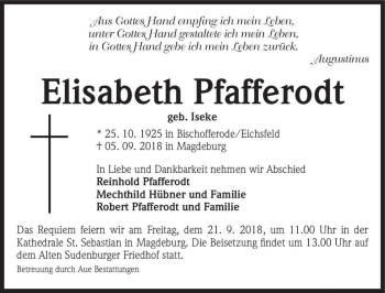 Traueranzeige von Elisabeth Pfafferodt (geb. Iseke)  von Magdeburger Volksstimme