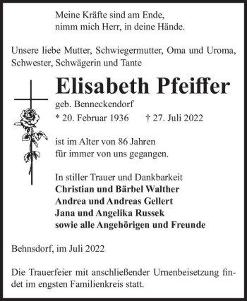 Traueranzeige von Elisabeth Pfeiffer (geb. Benneckendorf)  von Magdeburger Volksstimme