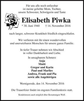 Traueranzeige von Elisabeth Piwka  von Magdeburger Volksstimme
